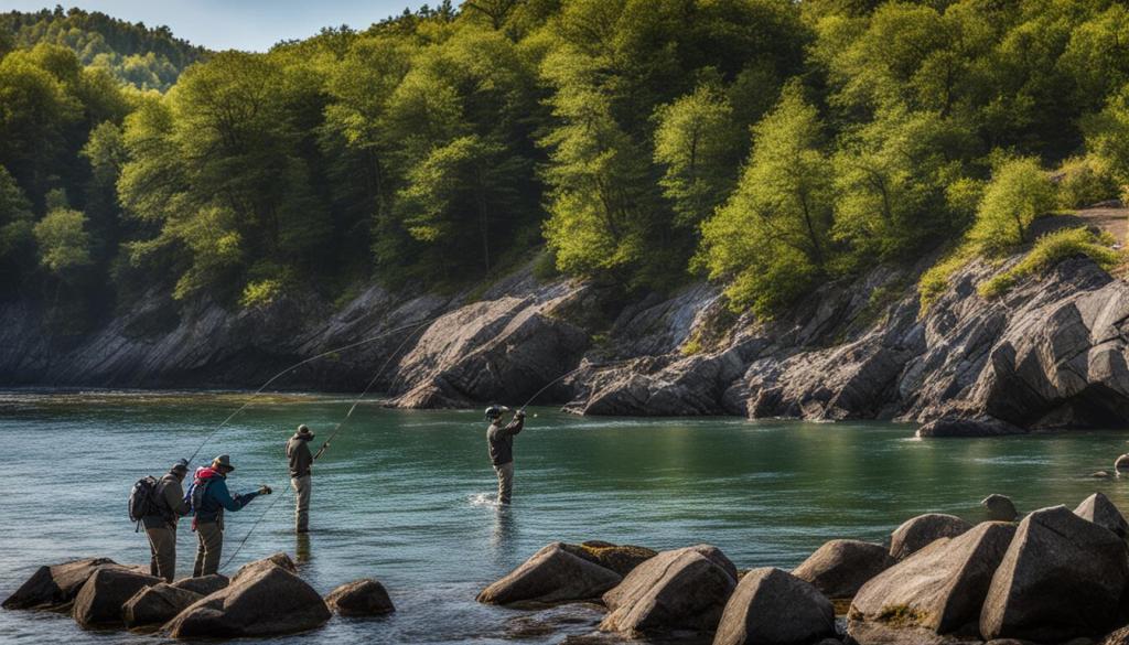 Three men river fishing