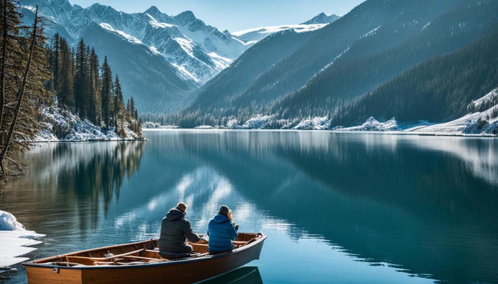 Two fisherman in a boat on a lake